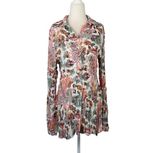 Vintage Y2K Alberto Makali Cream and Pink Paisley Floral Crinkle Tunic Top M - Picture 1 of 5